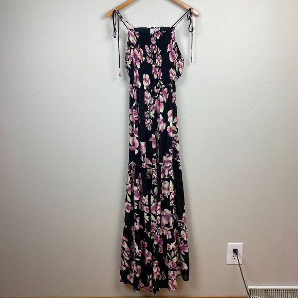 Intimately Free People Garden Party Floral Maxi Dress S Smocked Black Pink Tie‎ - Picture 1 of 11